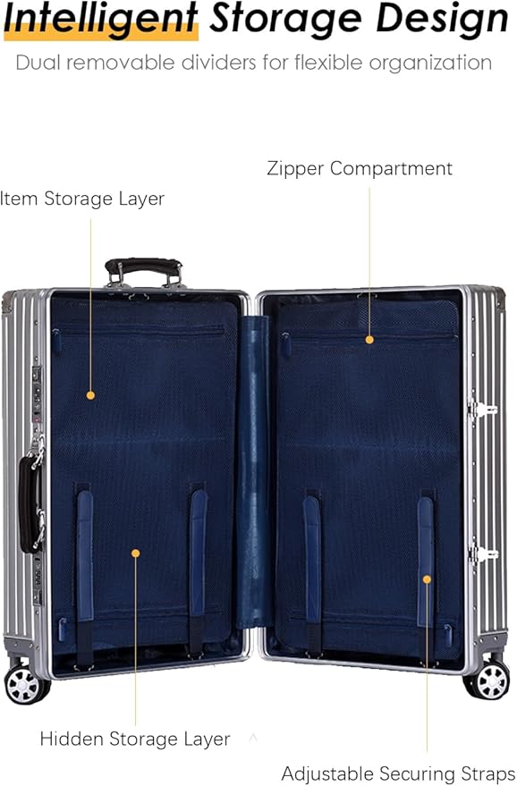 HotWay 28 Inch All Aluminum Checked in Luggage with Leather Handle, Hard Shell Zipperless Suitcase with TSA Locks and Spinner Wheels, Large Luggage for Business Travel, Black