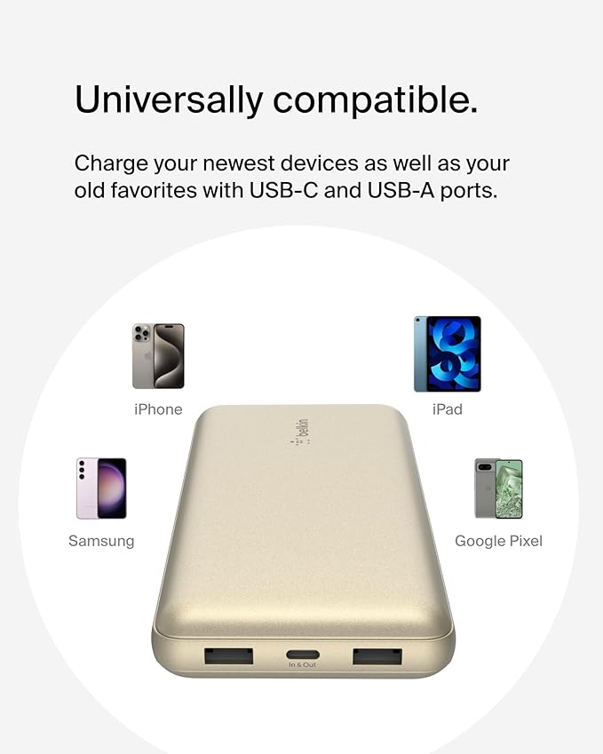 Belkin Portable Charger, USB-C Power Bank 20000 mAh w/ 2xUSB-A Ports, 15W w/Type-C to Type-A Cable for iPhone 16, 15, Samsung Galaxy S25, Pixel, iPad, Nintendo Switch 2, Google Pixel 10, etc. - Gold