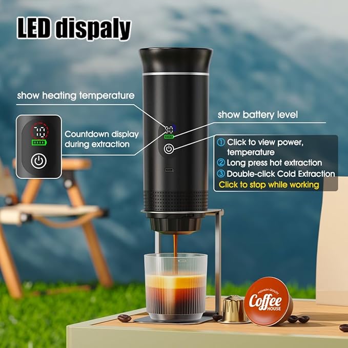 Portable Electric Coffee Maker, Digital Display, Compatible with Coffee Pods,Rechargeable Coffee Machine for Travel, Camping, RV,Home,Office (green)