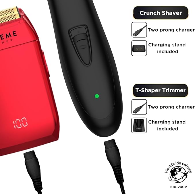 Supreme Trimmer 2-in-1 DLC T-Shaper Trimmer & Crunch Foil Shaver | STF602 Electric Razor & ST5206 Beard Trimmer Barber Haircut Kit | Red