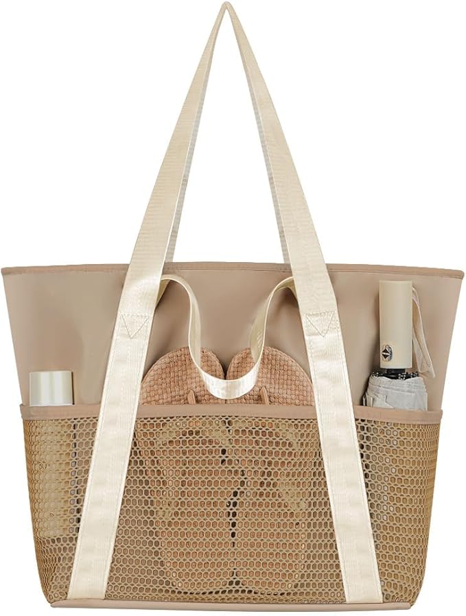 Waterproof Sandproof Beach Bag with Zipper and 6 Pockets - Foldable Lightweight Tote for Pool, Travel