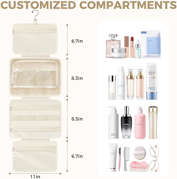 Toiletry Bag For women,Portable Hanging Organizer,4 Leakproof Compartment for full-sized Conditioner, Brushes Set, Makeup Accessories,Visible and easy to access.M-beige