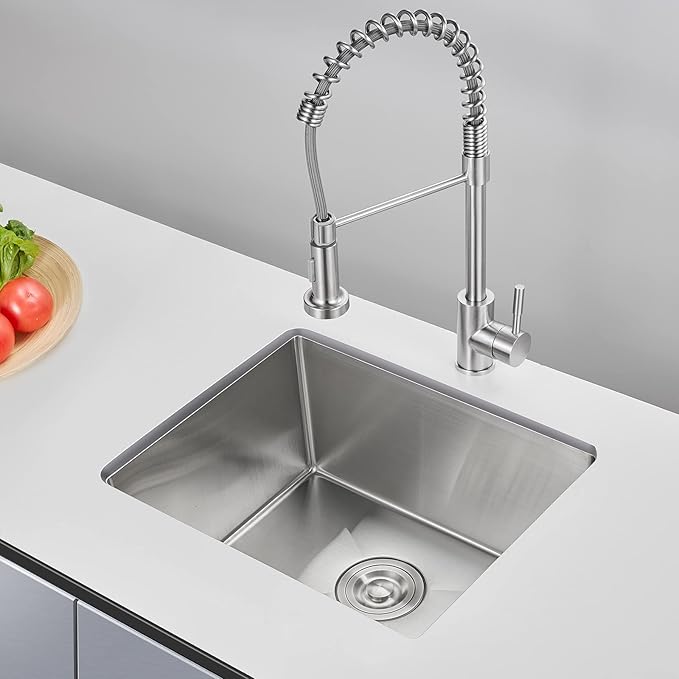 24 inch Undermount Kitchen Sink, 24 x 18 inch Single Bowl Stainless Steel Handmade Undermount Kitchen Sink with Sink Strainer, Brushed