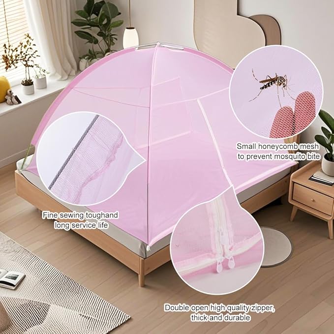 Pop-Up Mosquito Net Tent for Beds, Portable Folding Design with Net Bottom Bedroom and Outdoor Trip for Baby Adults, Easy to Install and Wash for Twin to King Size Bed 79 x71x59 inch (Pink)