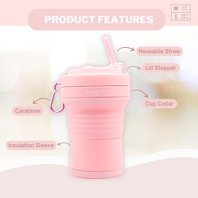Collapsible Cup with Reusable Straw – 18 Oz (550 Ml), Portable Travel Mug, BPA-Free, Leak-Proof, Microwave & Dishwasher Safe, Multi-Purpose for Hot & Cold Drinks – Pink