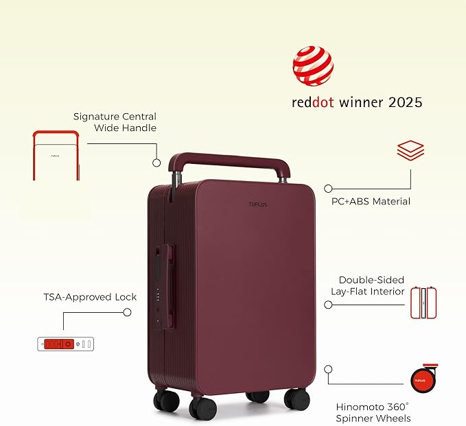 TUPLUS 20” Carry-On Hardside Luggage Lightweight ABS Travel Suitcase with Wide Handle Spinner Wheels TSA Combination Lock, Balance Series 2.0,Cranberry Red