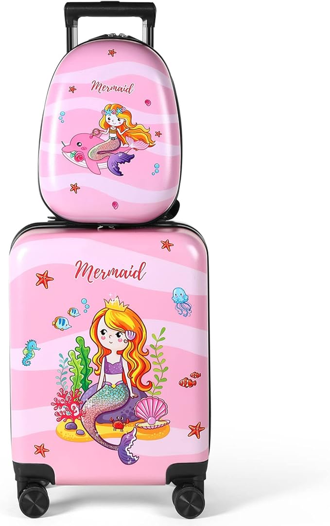 Weewooday Kids Luggage and Backpack 18" Suitcase with Spinner Wheel Hard Case Travel 13" Backpack Girl Suitcase Set for Kids Travel Supplies(Pink,Mermaid Style)