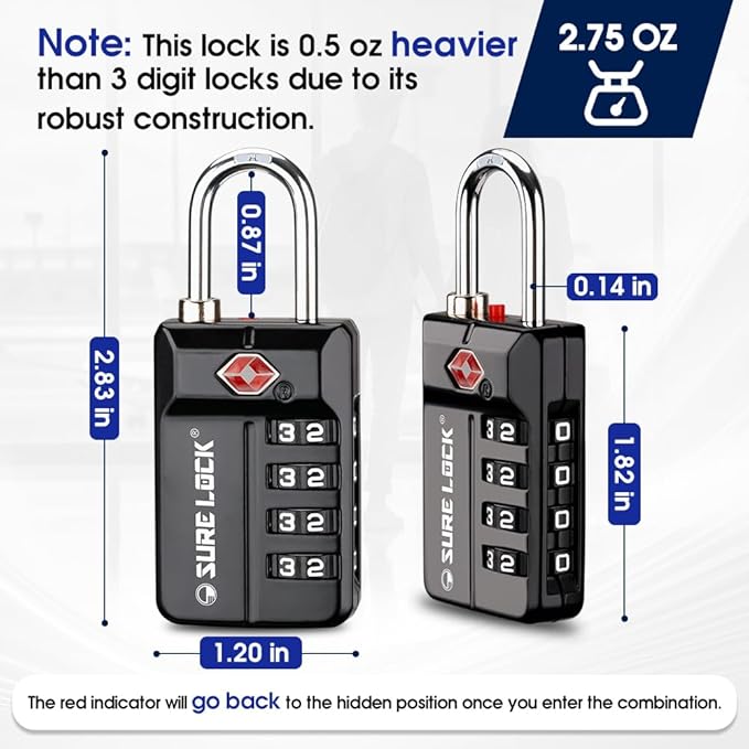 SURE LOCK TSA Approved 4-Digit Resettable Combination Luggage Locks with Open Alert, Easy-Read Dials - for Luggage, School Lockers, Gym, Office, Toolbox & Security Cases (Black 2 Pack)