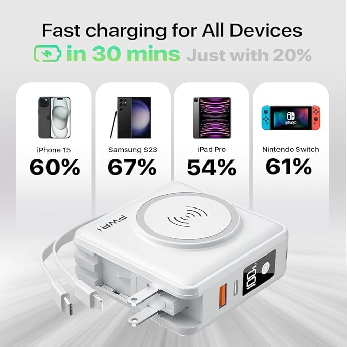 PWR Travel PRO 5-in-1 Power Bank – 10,000mAh with Built-in Cables – 20W USB-C + 15W Wireless Charging – Compact Portable Charger for iPhone & Android - White