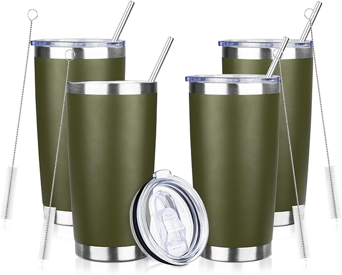 20oz Tumbler with Straw and Brush, Stainless Steel Vacuum Insulated tumbler, Double Wall Insulated Coffee Tumbler for Outdoor, Home, Travel,Office (Army Green,4pcs)