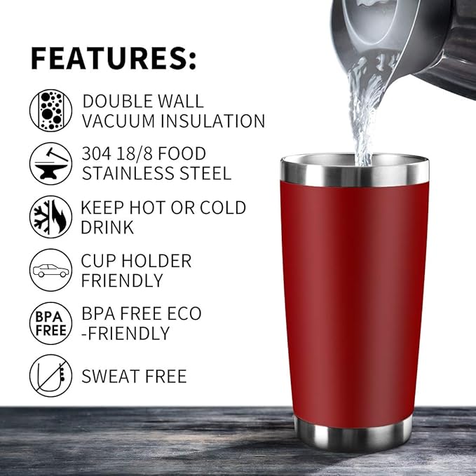 20oz Tumbler Bulk Stainless Steel Vacuum Insulated Tumblers with Lid Double Wall Travel Mug, Durable Powder Coated Coffee Cup, Suitable for Ice Drinks and Hot Beverage (Red 6pack)