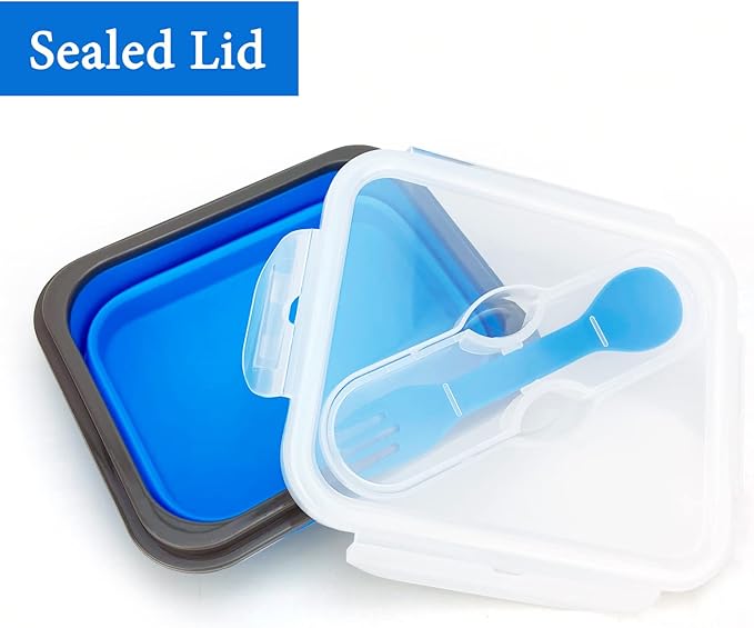 Small Silicone Collapsible Snacks Container with lid and 2 in 1 Spoon & Fork, Food Grade Silicone Bento Lunch Container, For Leftovers Meal Prep, Microwave/Freezer/Dishwasher Safe, 700ml