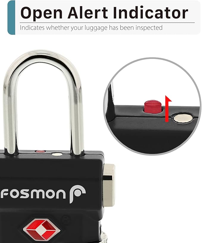 Fosmon TSA Accepted Luggage Locks, (4 Pack) Open Alert Indicator 3 Digit Combination Padlock Codes with Alloy Body and Release Button for Travel Bag, Suit Case & Luggage - Black
