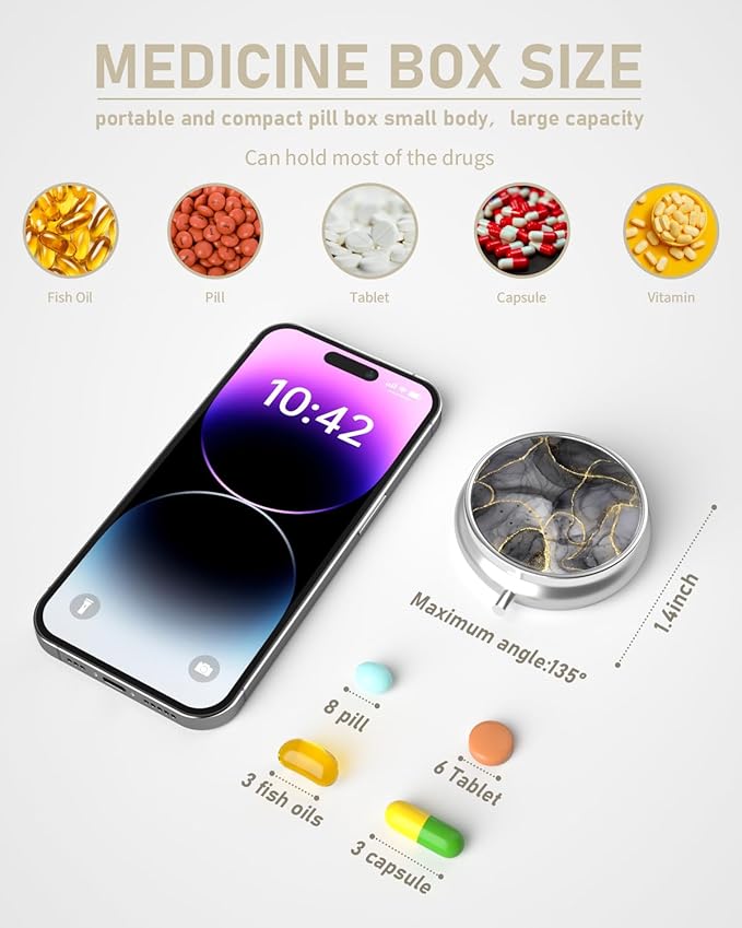 Pill Box, 3 Compartment Portable Travel Medicine Box with Mirror, Compact and Cute, Fits in Purse and Pocket, Medicine and Vitamin Organizer (Black Gold Marble)