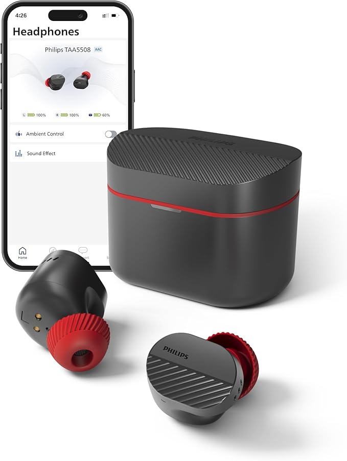 PHILIPS TAA5508 Wireless Earbuds,True Wireless Headphones with Noise Canceling Pro,Quality Sound,28 H Battery Life,Fast Charging,Bluetooth 5.3,Multipoint Connectivity,IPX5,for Sports,App Control,Black