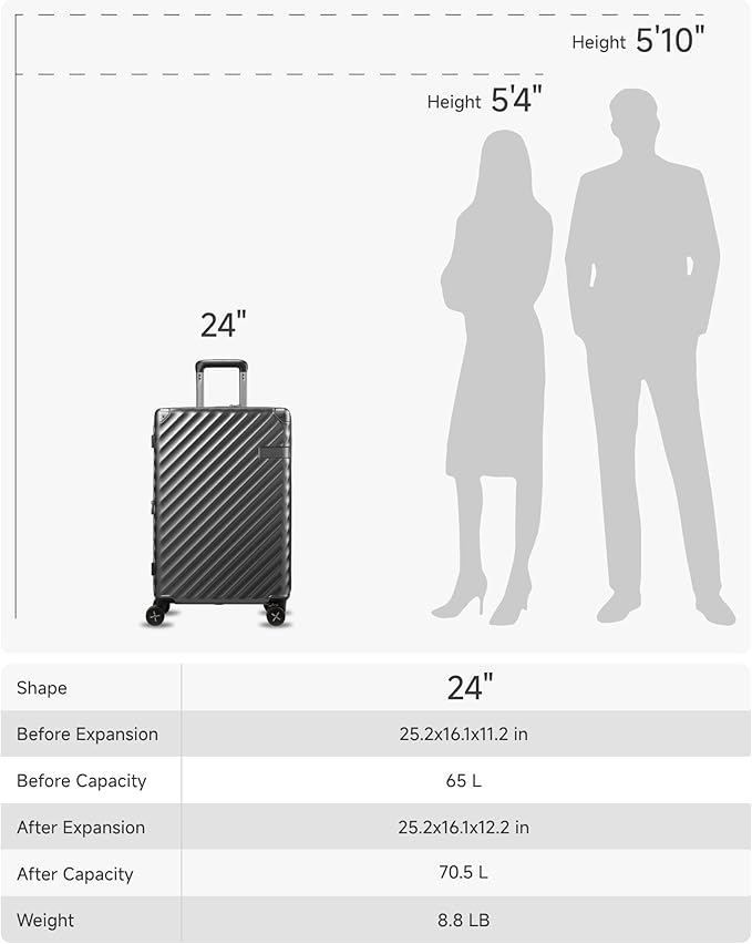 LUGGEX Luggage with Spinner Wheels, Polycarbonate Expandable Hard Shell Suitcase, Checked Medium 24 Inch, Charcoal Metallic