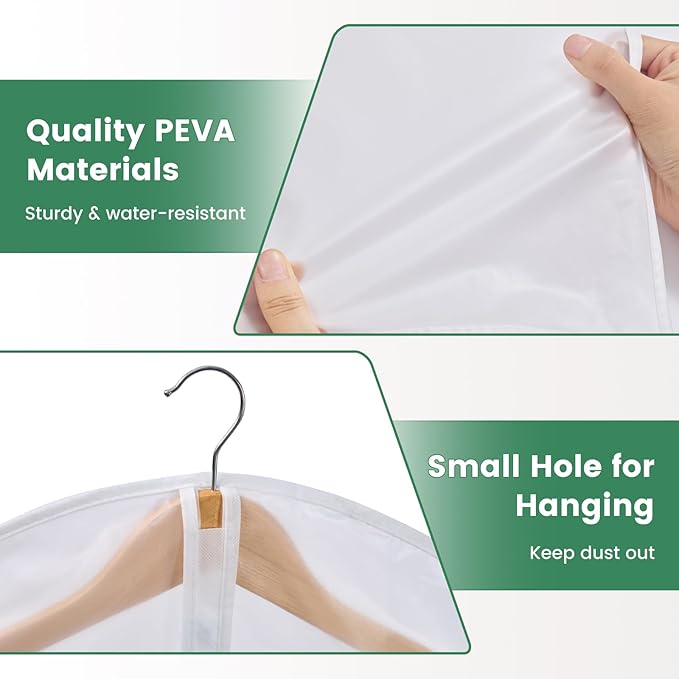 6 Pack Translucent Garment Bags for Hanging Clothes - Frosted Clothes Storage Bags for Suits, Shirts, Dresses, Closet Storage, Travel - 24" x 40"/47"/55"