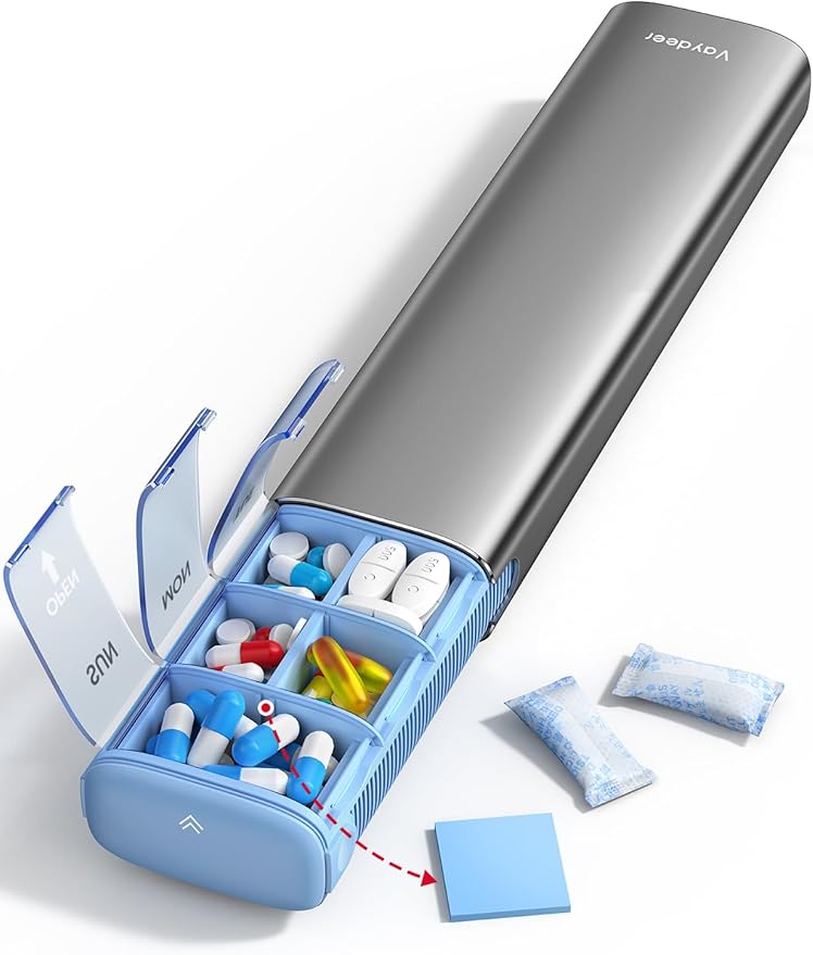 Vaydeer 7 Day Weekly Pill Organizer (Support 2 Times a Day), Metal Travel Pill Case, Large Capacity Daily Cute Pill Box for Supplements, Pills, Vitamins and Medication (Gray)