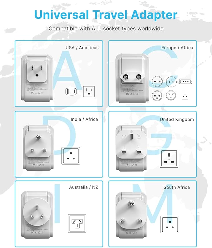 VINTAR Universal Travel Adapter Kit, 0.5ft Detachable Extension Cord with 4 AC Outlets & 3 USB(2 USB C), Type A/C/G/D/I/M International Power Adaptor for US to Europe UK India South Africa Japan