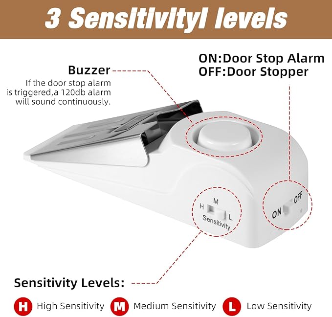 1 Pack 120dB Travel Door Stopper Alarm & Portable Door Lock, 3-Level Sensitivity Adjustable Travel Security Wedge for Hotel Home Apartment Dorm