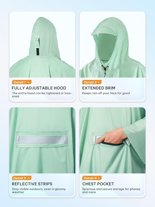 SaphiRose Extra Thick Hooded Rain Poncho Double Layer Waterproof Raincoat Jacket for Men Women Adults