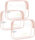 BAGSMART Clear Toiletry Bag, 3 Packs TSA Approved Water Resistant Quart Size Travel Organizer, Airport Airline Travel Essential Carry On Makeup Cosmetic Bags for Women, Nude Pink