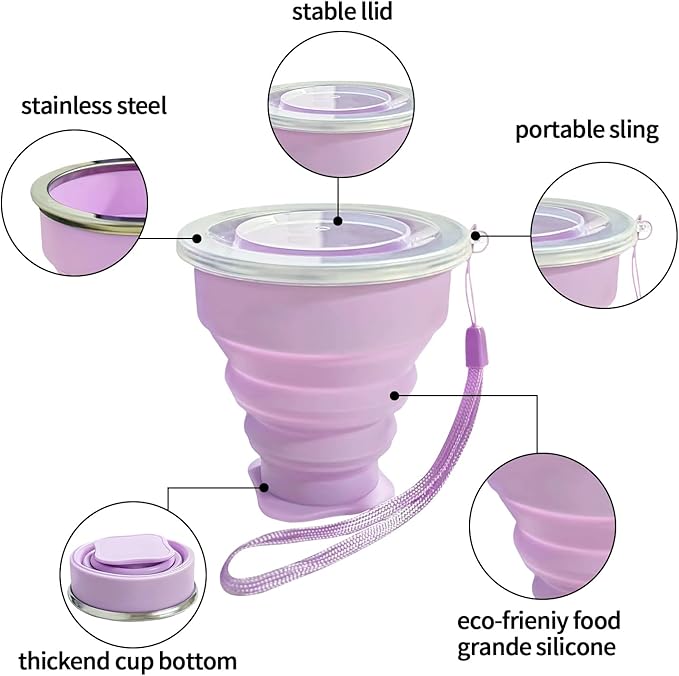 Collapsible Cup Silicone Foldable Cup-Expandable Folding Drinking Reusable Portable Mugs-Cups For Travel, Camping, Hiking, Picnic, Beach, Holiday Vacation, Outdoor Sports Light Purple