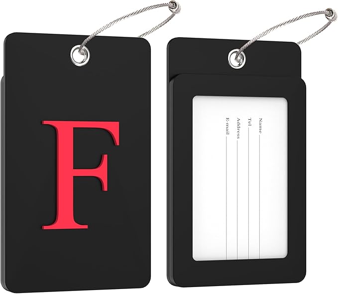 Gostwo 2 Pack Luggage Tags for Suitcases, 26 Initial Letter Travel Luggage Baggage Identification Labels ID Tag Fully Bendable Tags with Stainless Steel Loop (Black) (Letter F)
