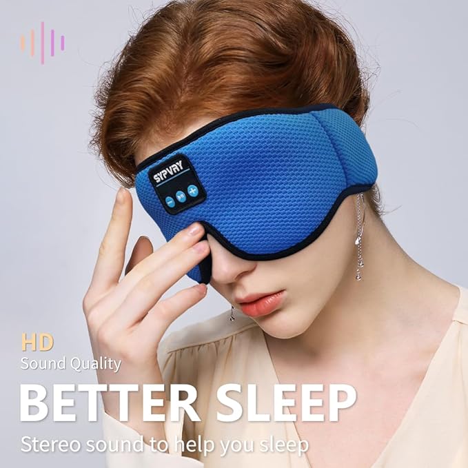 Bluetooth Sleep Mask Wireless Headphones 3D Bluetooth Eye Mask for Side Sleepers Blackout Eye Mask with Headphones Speaker for Airplane,Travel, Haze Blue
