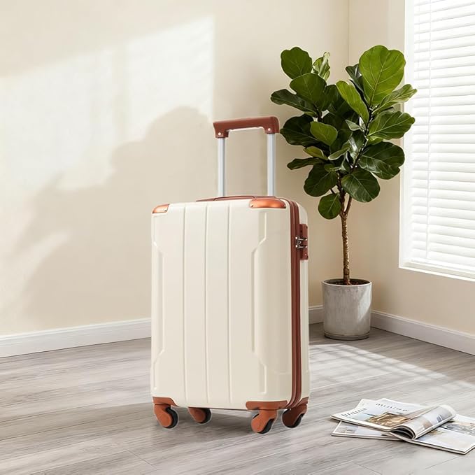 Merax Luggage Set 3 Piece Carry on Luggage, Lightweight Durable Spinner Suitcase with Corner Guards (White Brown, 20inch)