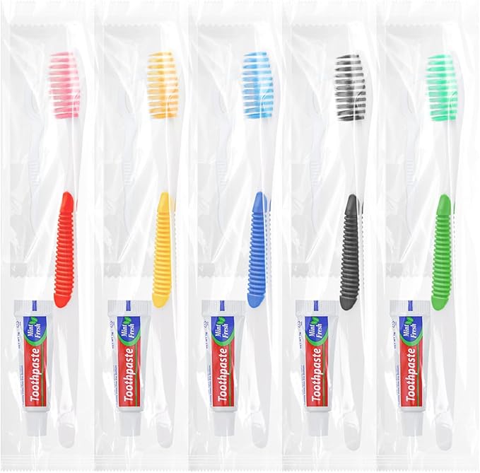 Disposable Toothbrushes with Toothpaste and Floss,50pcs Single Use Individually Wrapped Disposable Travel Toothbrushes and Dental Floss Kit Bulk for Homeless,Airbnb,Dentist,Hotel(5 Colors)