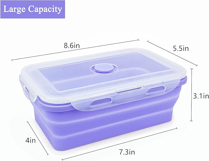 Purple Collapsible Sandwich Container, Silicone Lunch Container Bento Box with Plastic Lid, Microwave Safe, Camping Bowl For Meal Prep, Travel and Hiking, 40oz/1200ML
