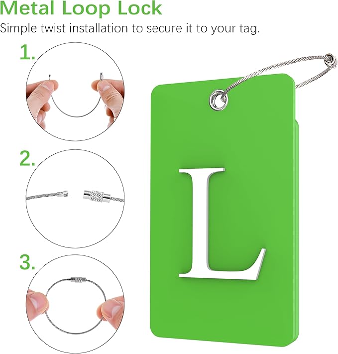 Gostwo 2 Pack Luggage Tags for Suitcases, 26 Initial Letter Travel Luggage Baggage Identification Labels ID Tag Fully Bendable Tags with Stainless Steel Loop (Green) (Letter L)