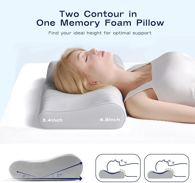 Memory Foam Pillows for Sleeping - Cervical Neck Ergonomic Pillow, Orthopedic Pillow for Neck and Shoulder Pain, Adjustable Cooling Contour Pillow (Grey, Queen)