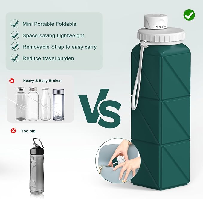 Portable Collapsible Water Bottles,BPA Free Food-Grade Silicone Reusable water Bottle For Outdoor Travel Hiking Sports,Compact,Lightweight Easy To Carry,Leakproof Water Bottles,Dark Green