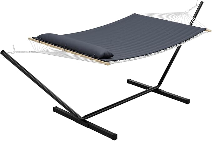 Hammock with Stand for Outside, 2 Person Portable Hammock with Breathable Cotton Rope & Quilted Pad, 475 Lbs Capacity, Perfect for Outside, Patio, Garden, Beach, Backyard