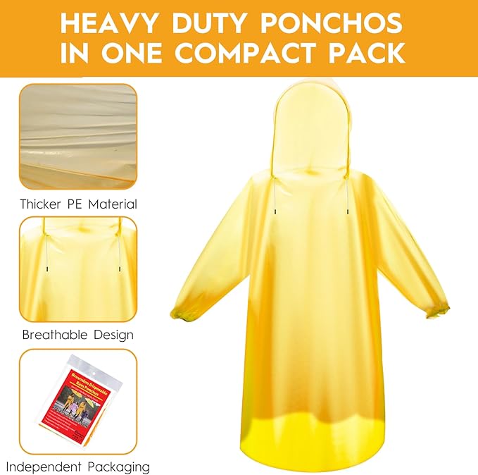 Bruvoalon 6 & 20 Pack Disposable Rain Ponchos for Adults/Youth, Waterproof PE Raincoats with Drawstring, Camping/Emergency