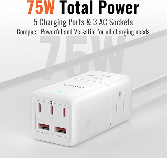 NENJI 75W GaN USB-C Super Fast Charging Station, 8-in-1 Power Strip with 5 USB & 3 AC Ports, Smart Charging, Fast PD Charger for iPhone, Samsung, iPad, MacBook – Desktop & Travel-Friendly – White