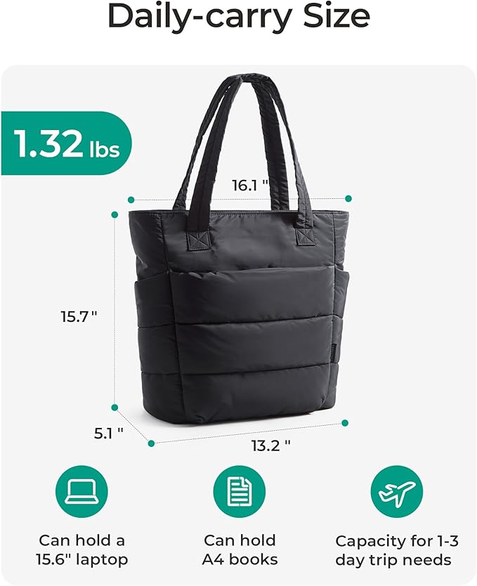 BAGSMART Tote Bag for Women, Lightweight Puffy Tote Bag with Compartments Shoulder Bag Handbag for Travel, Work, Gym,