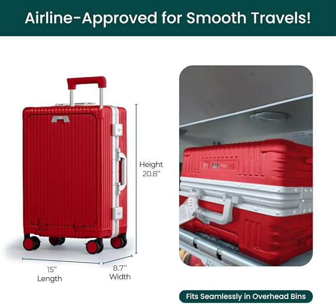 Nobl Travel Carry On Luggage, Noble Zipperless Aluminum Frame PC Hard Shell Suitcase, 20.8"x15"x8.7" Airline Approved, 360° Spinner Wheels, TSA Locks, USB Charging Port, Cup & Phone Holder - Red