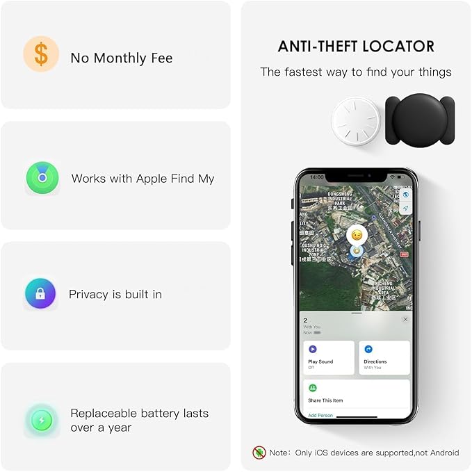 No Subscription Vehicle GPS Tracker,Portable Car GPS Tracker Work with Apple Find My（iOS Only,Mini Magnetic GPS Device Full Coverage Pinpoint Vehicle Location Elderly Children Pets (Black,1PCS)