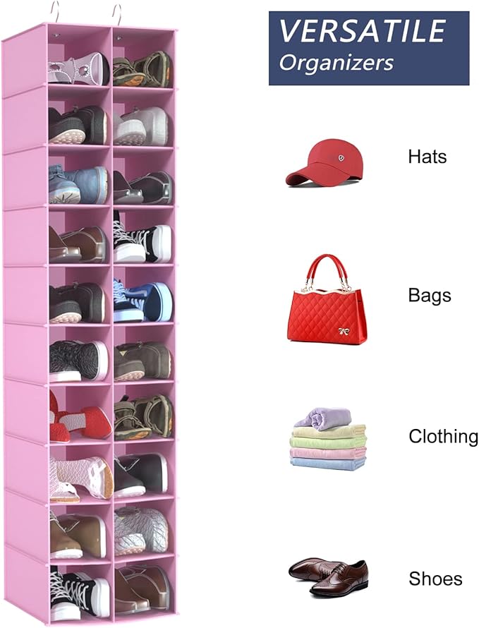 coastal rose Hanging Shoe Organizer for Closet, 20 Sections Hanging Closet Organizers and Storage Shelves, Space Saving Shoe Storage Rack Holder, Pink, 12''W×12''Dx 50''H