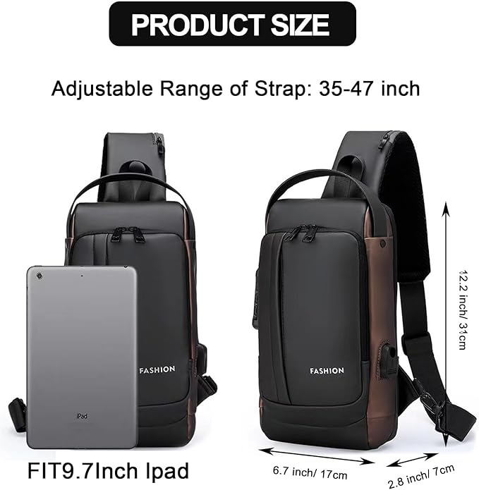 Sling Bag for Men Anti-theft USB Crossbody Shoulder Backpack Purse Waterproof PU Leather Chest Bag Travel Daily Use