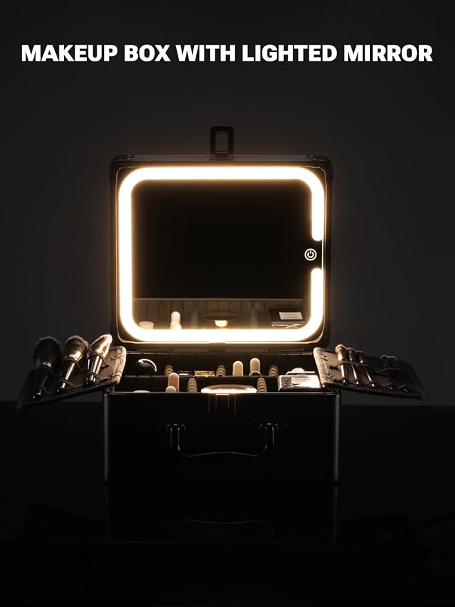 Qislee Makeup Box with A Detachable Lighted Mirror, Waterproof Travel Train Case, Cosmetic Organizer and Makeup Suitcase with Adjustable Dividers, Magnetic LED Mirror (Black)