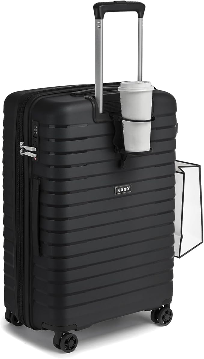 Kono 24 Inch Expandable Luggage Suitcase with Spinner Wheels, Durable Hardside Checked Luggage with Hidden Cup Holder, Lightweight Hard Shell Medium Suitcase with TSA Lock(Black)