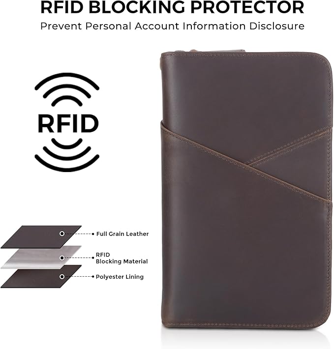 Polare Full Grain Leather Passport Holder With YKK Zipper RFID Blocking Travel Document Organizer Ticket Holder Cover Case Holds 2 Passports (Dark Brown with AirTag Slot)