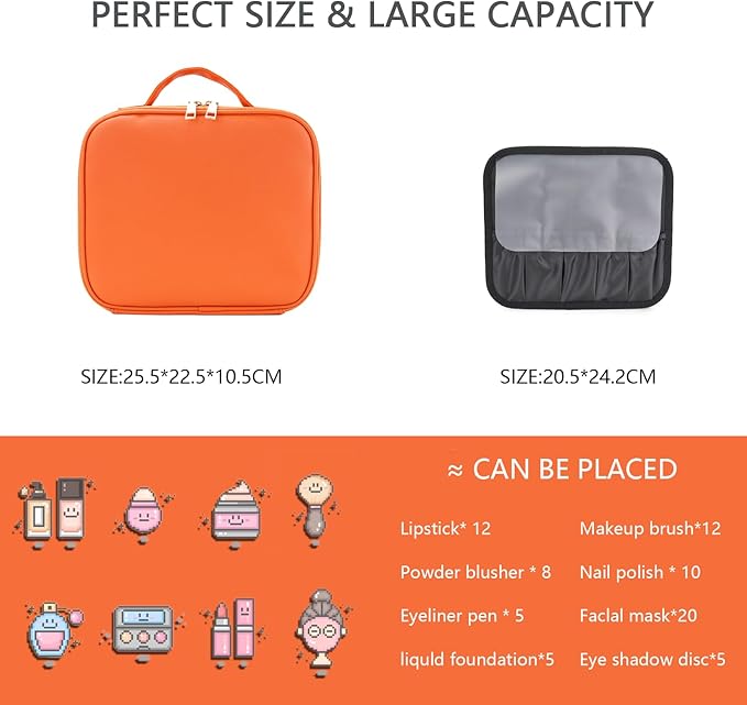 Makeup Bag with Led Mirror,Travel Makeup Organizer with 3 Color Setting, Portable Storage and Adjustable Dividers Travel Makeup Bag(Orange)