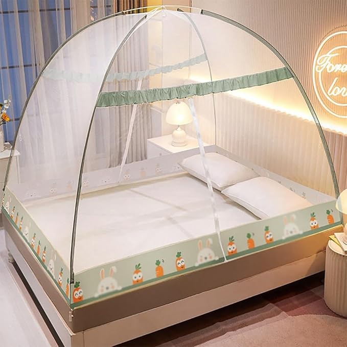 Pop-Up Mosquito Net Tent for Beds Portable Folding Canopy with Net Bottom, Fits Twin to King Size 79x71x59inch, Easy Install Wash for Baby Adults, Indoor Outdoor Use (Green RABIT-Queen Bed)