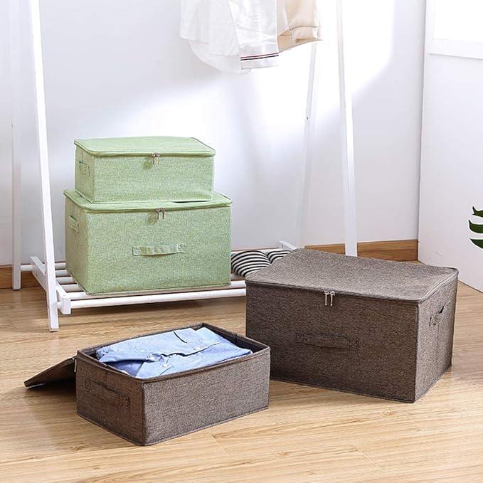 ANMINY 2PCS Storage Bins with Zipper Lids 51.9 Qt Lidded Fabric Storage Boxes Baskets Cubes with Handles Collapsible Washable Cotton Linen Closet Shelf Clothes Organizer - Green, Extra Large