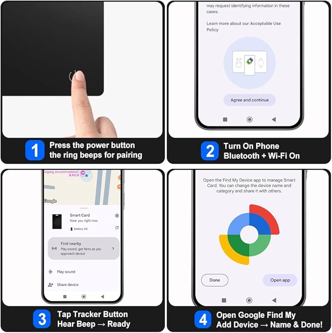 Android Smart Item Tracker Locator - SEVEN SWAN Bluetooth for Google Finder Card with Wireless Charging & 3-Month Battery for Credit Cards Black